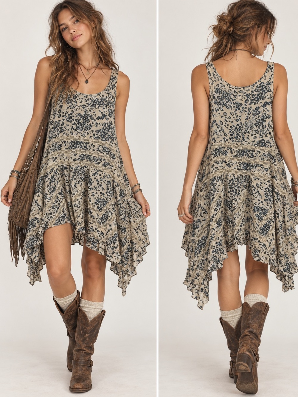 Intimately Free People Boho Fairy Grunge Floral Tank Dress in Cream and Navy XS